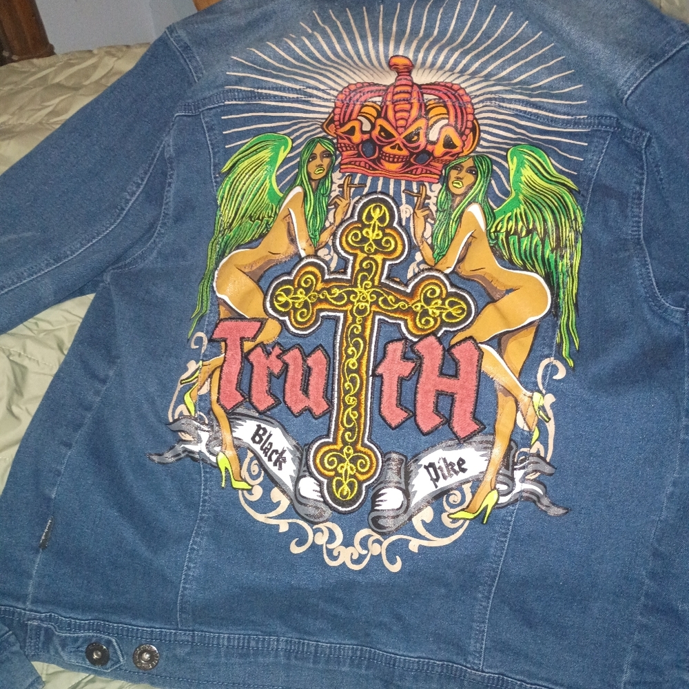 Embroidered Denim Jacket with Cross Accents - Picture 2 of 2